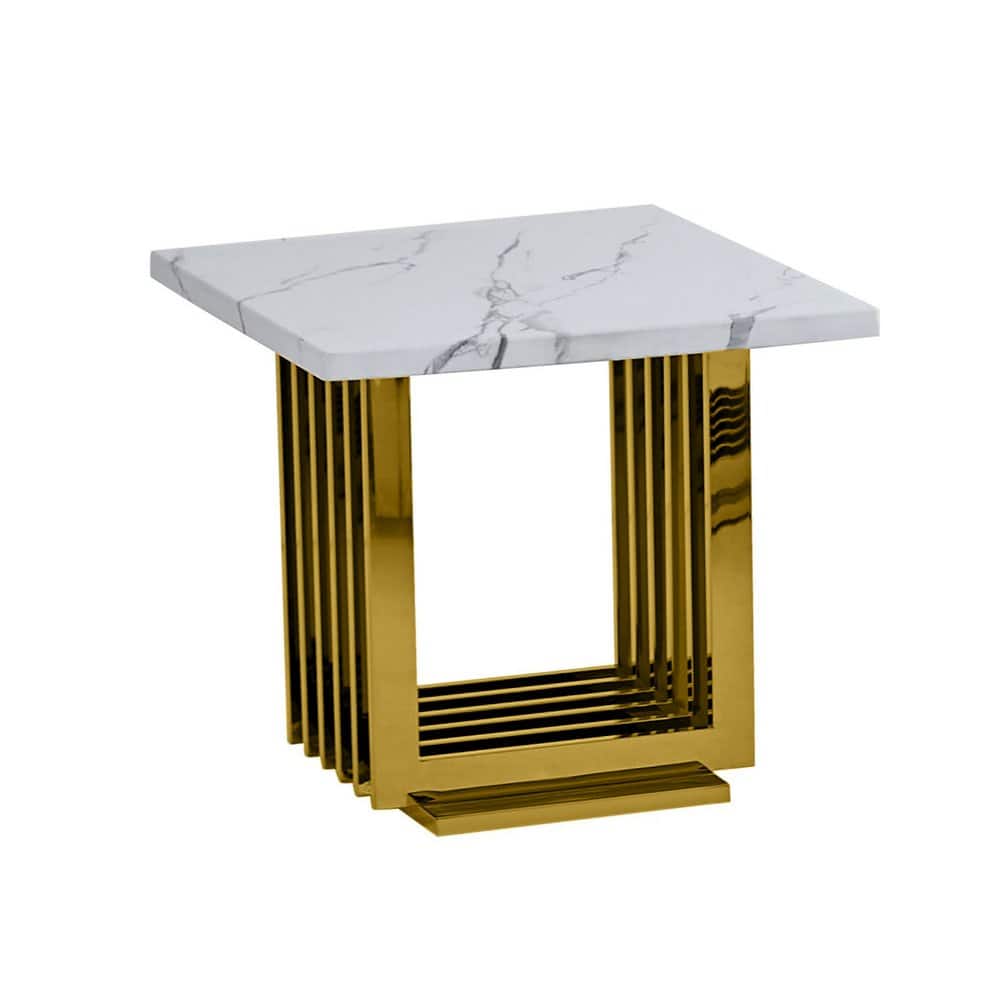 Best Quality Furniture - marble top end table with gold color stainless steel base - White