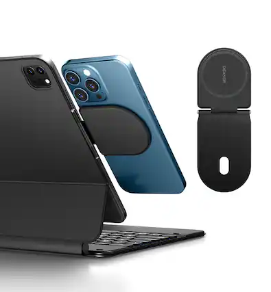 Front. Dexnor - Magnetic Phone Holder, Slim Portable Foldable Productivity Stand Mount, Compatible with Pad/Samsung Magic Keyboard - Black.