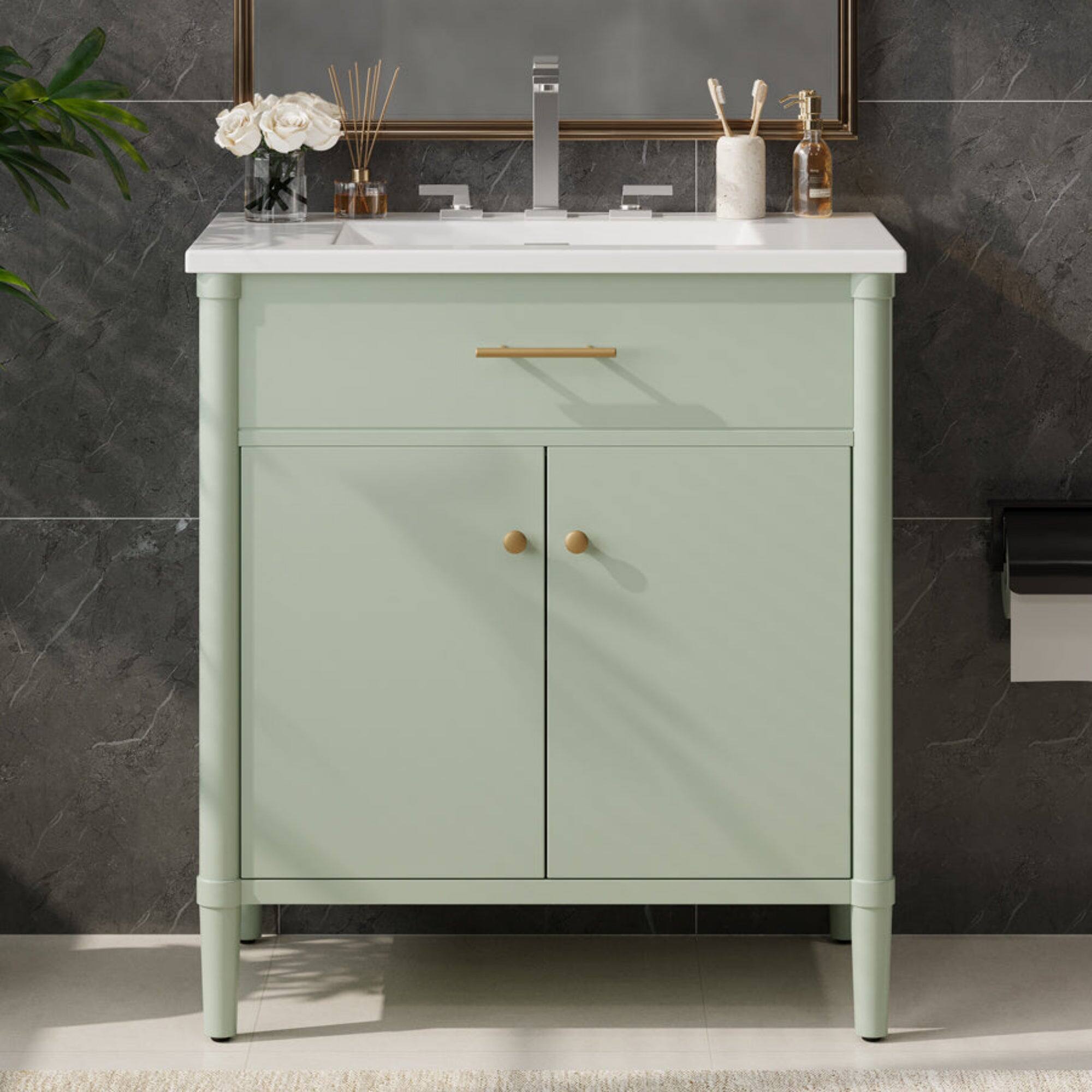 Angle. Boyel Living - 31 Inch Bathroom Vanity with Sink Soft Close Doors Adjustable Shelf Curved Design Rubber Wood Legs Green - Green.