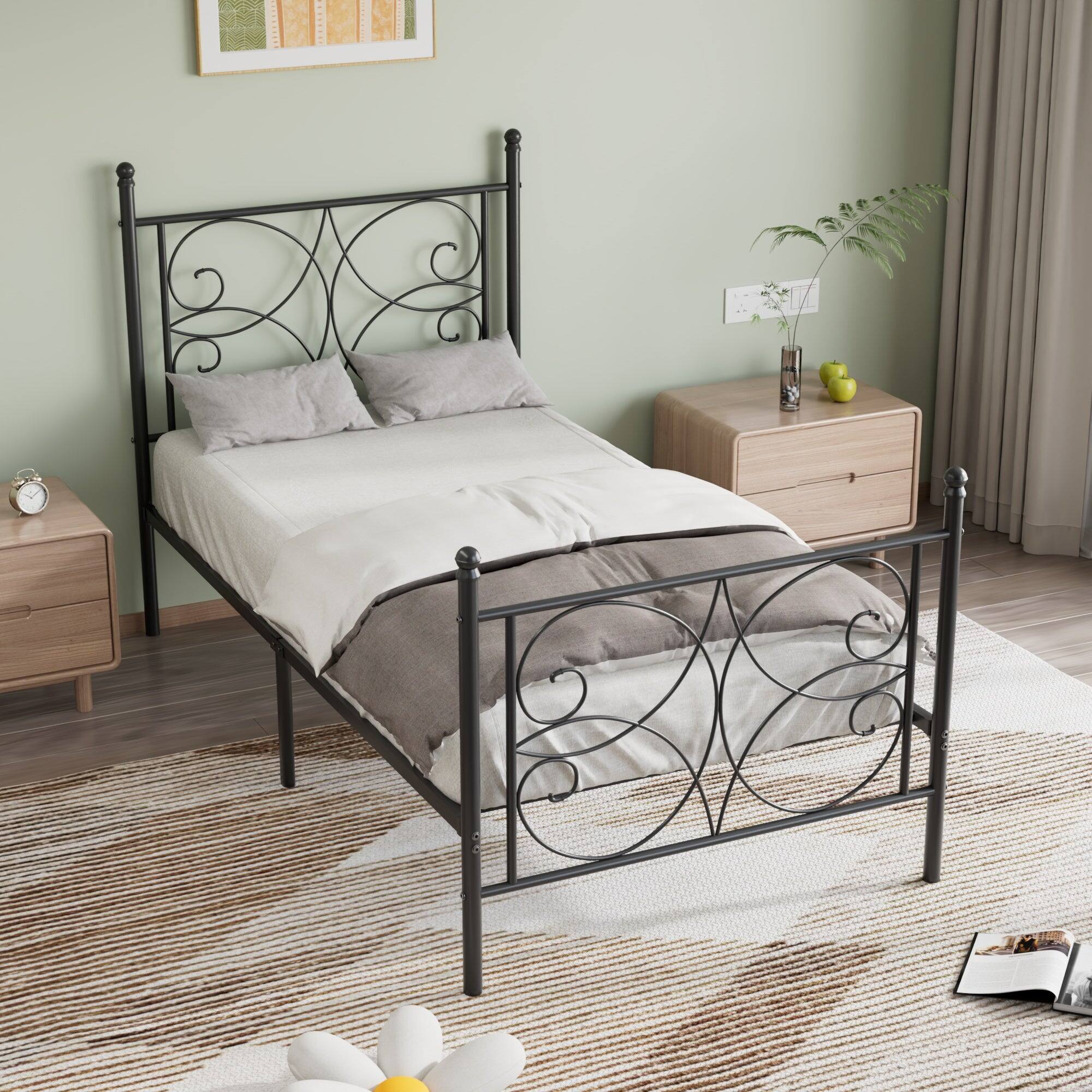 Left. Vecelo - Twin Metal Bed Frame with Headboard - Heavy Duty Iron Platform, No Box Spring Needed, 450lb Capacity - Black.