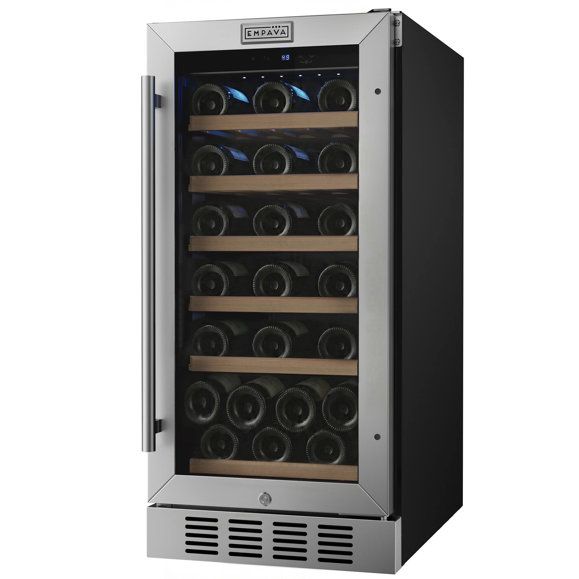 Angle. Empava - 15 In. 13-bottle Wine Cooler With Compressor Cooling, 6 Beech Wood Shelves, Built-in/freestanding Wine Fridge In Black - Black.