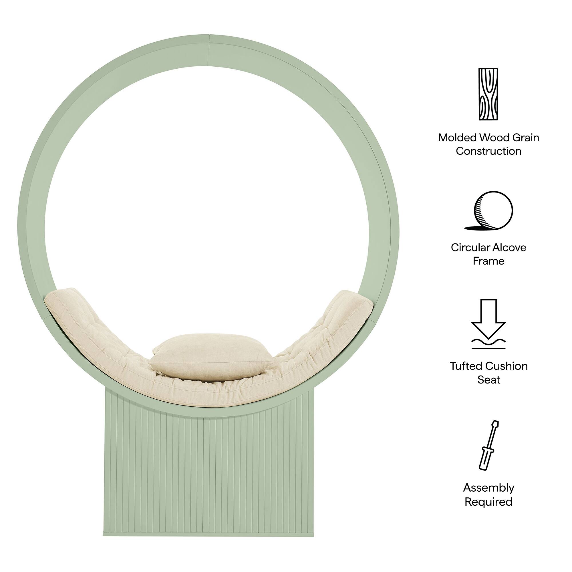 Molded Wood Grain Construction  
Circular Alcove Frame  
Tufted Cushion Seat  
Assembly Required