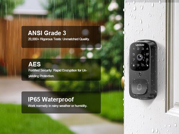 ANSI Grade 3  
20,000+ Rigorous Tests: Unmatched Quality.

AES  
Fortified Security: Rapid Encryption for Unyielding Protection.

IP65 Waterproof  
Work normally in rainy weather or humidity.