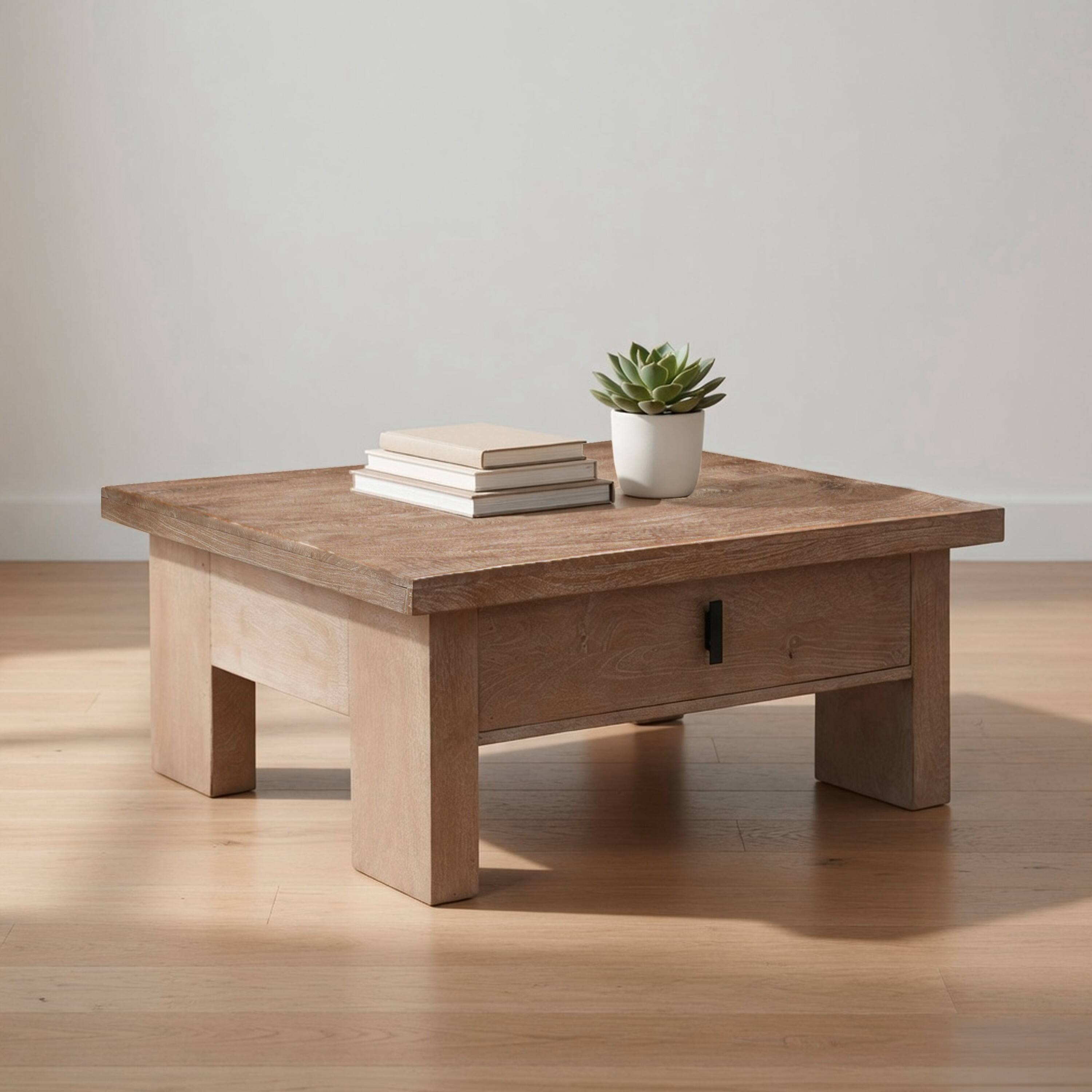 Alt View 3. Manhattan Lane - Les 36 Inch Square Coffee Table with Panel Legs, 2 Storage Drawers, Matte Brown Mango Wood, Black Handles - Matte Brown, Black.