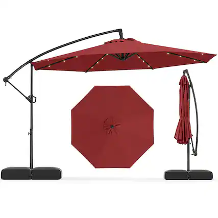 Front. Costway - Costway 10 FT Solar Offset Hanging Umbrella Patio Cantilever Umbrella with 32 LED Lights - Red.