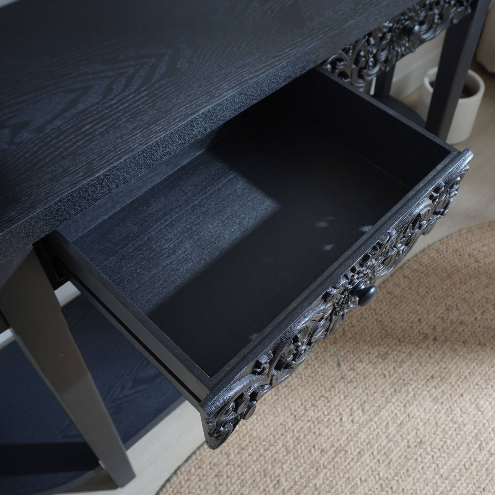 Alt View 5. GOODSILO - Elegant Carved Wooden Console Table with Lower Storage Shelf and Two Drawers for Entryway Living Room Hallway - Black.