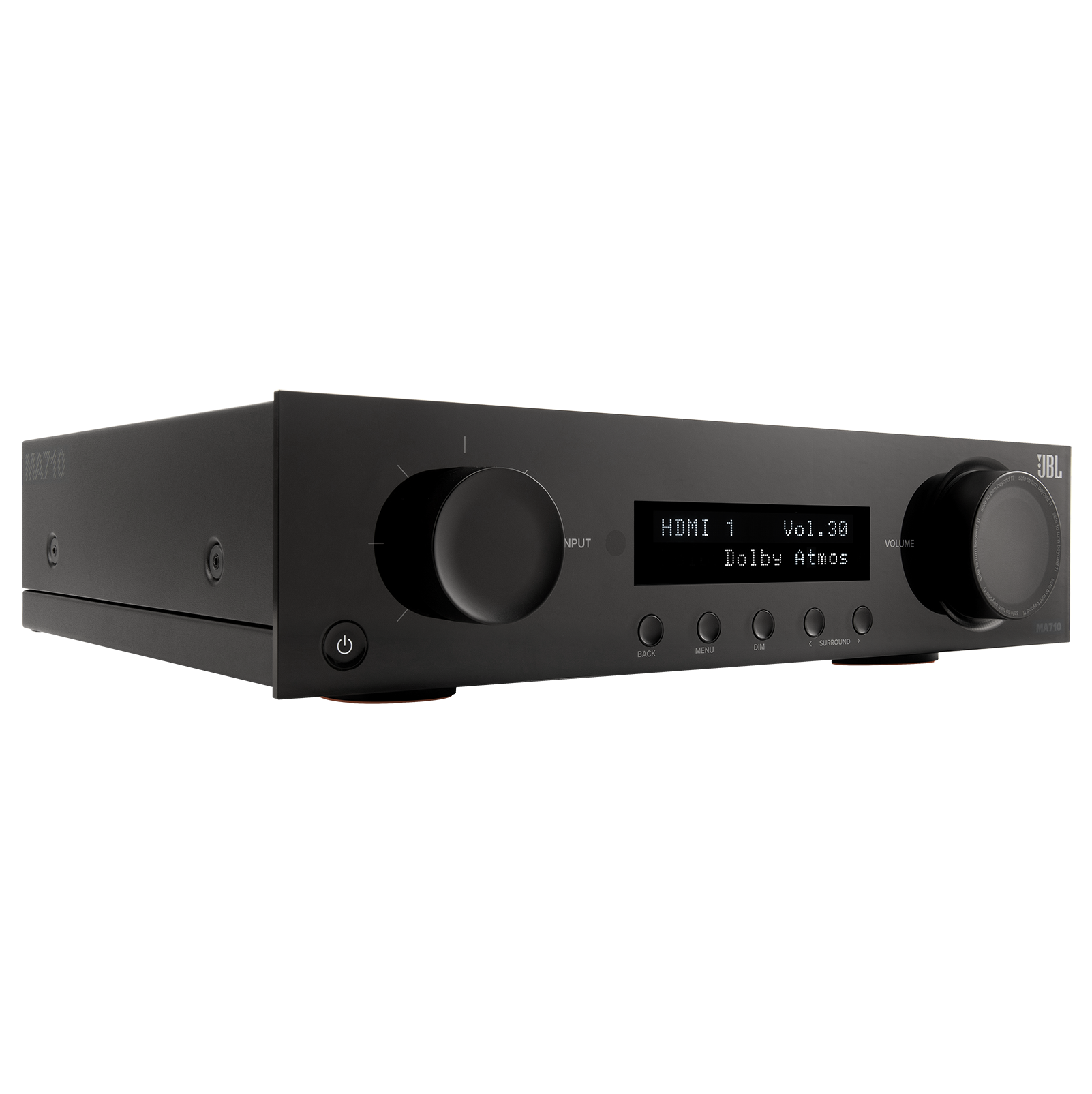 The text on the image reads "MATIO JBL Input HDMI 1 Vol.30 Dolby Atmos."