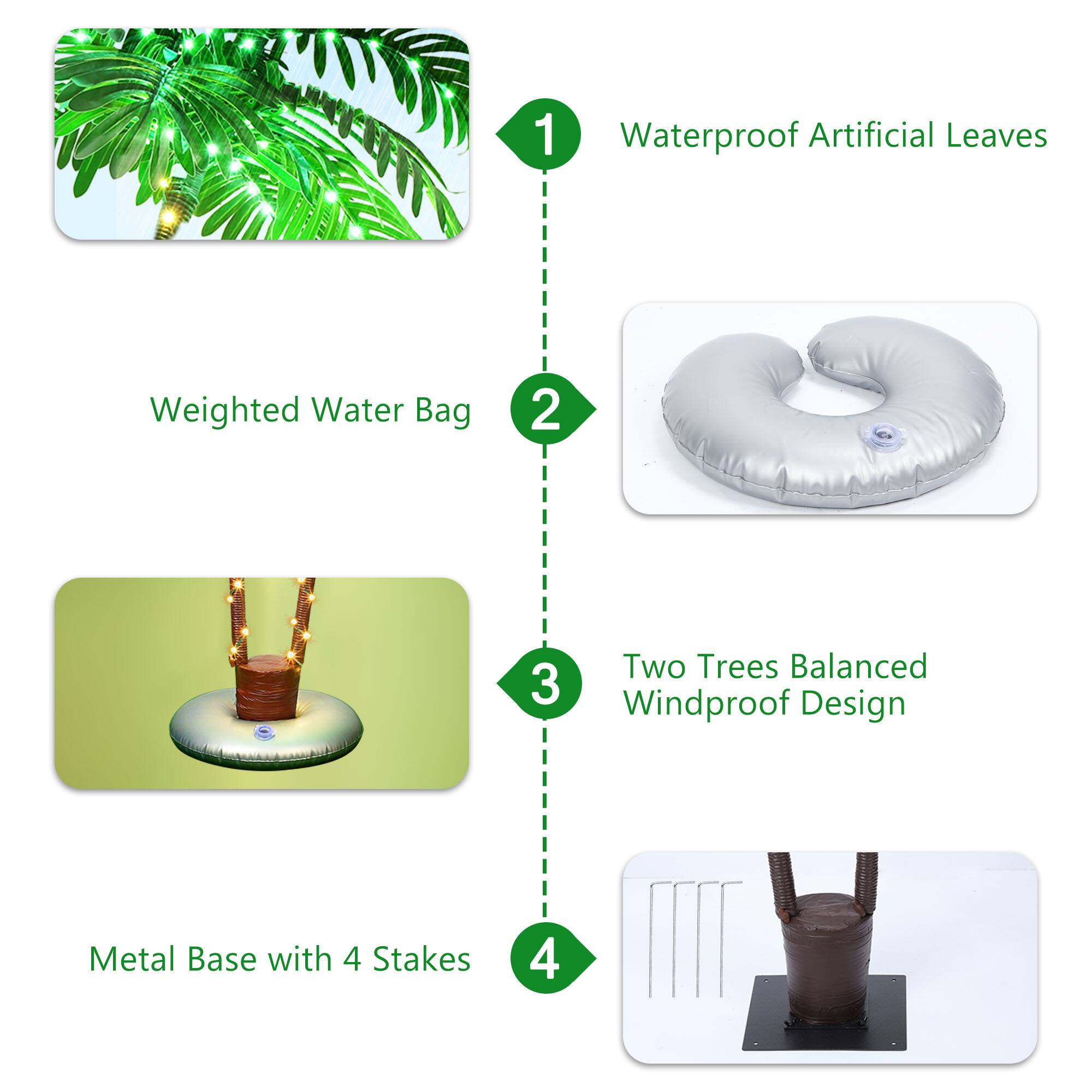 1. Waterproof Artificial Leaves
2. Weighted Water Bag
3. Two Trees Balanced Windproof Design
4. Metal Base with 4 Stakes