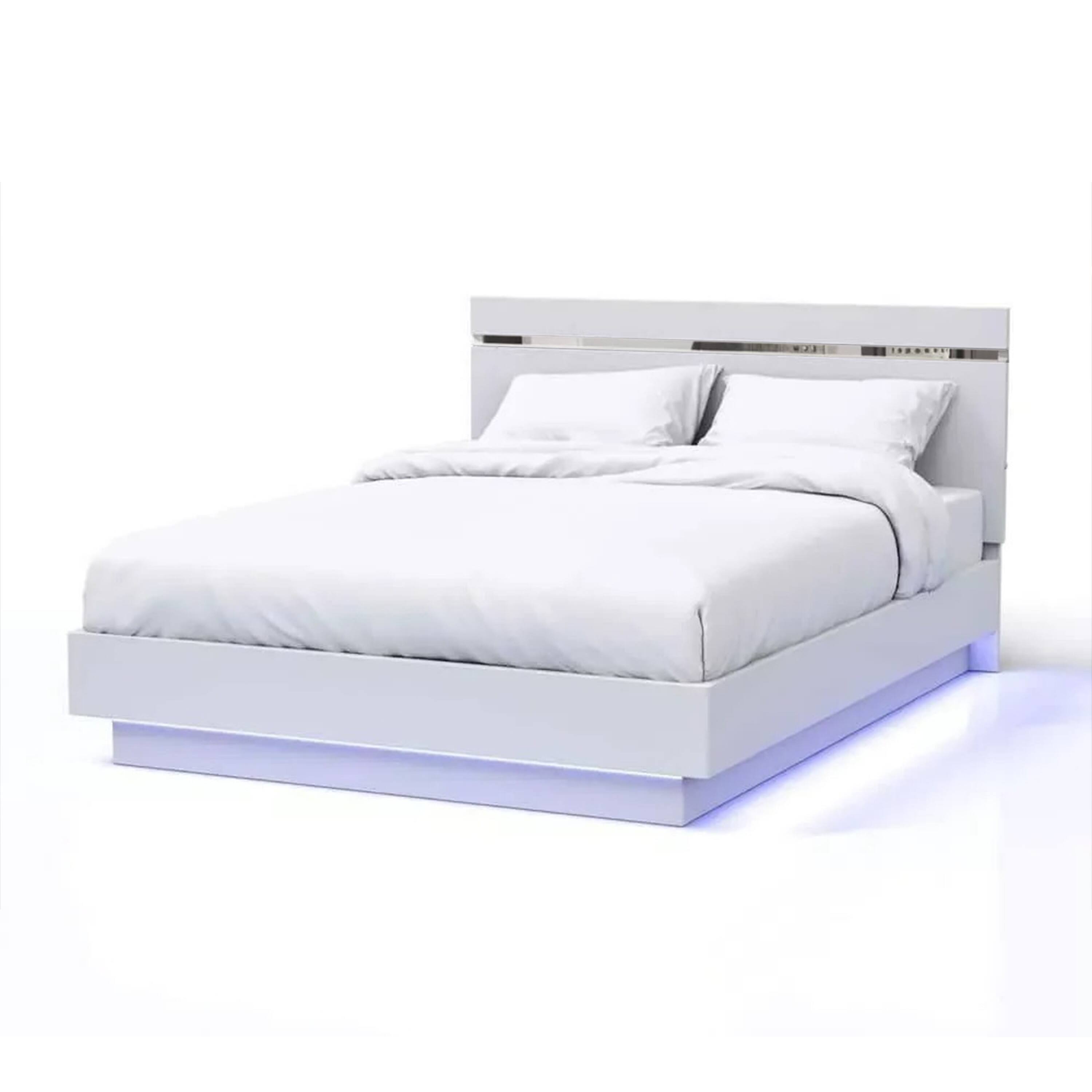 Front. Manhattan Lane - Pero Queen Size Bed, Chrome Accent Headboard, White LED Footboard - White, Chrome.
