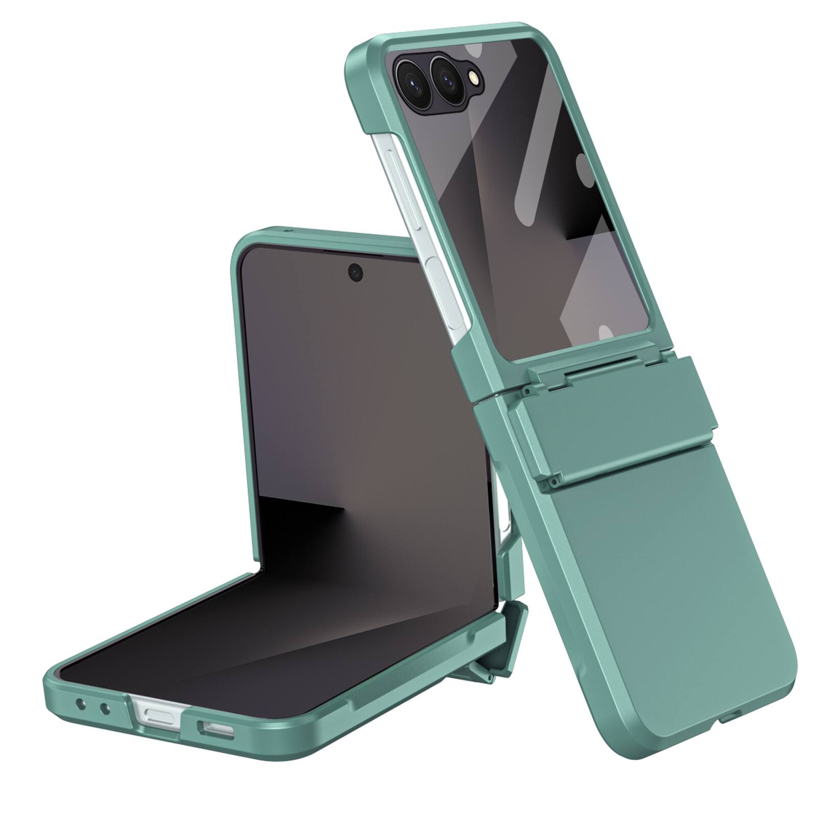 Angle. Dteck - Shockproof Case for Samsung Galaxy Z Flip7 with Hinge Protection, Hard PC Cover Built-in Tempered Glass Screen Protector - Green.