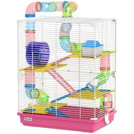 Pawhut - Tiers Hamster Cage Portable Animal Travel Carrier w/ Exercise Wheels Tube - Pink