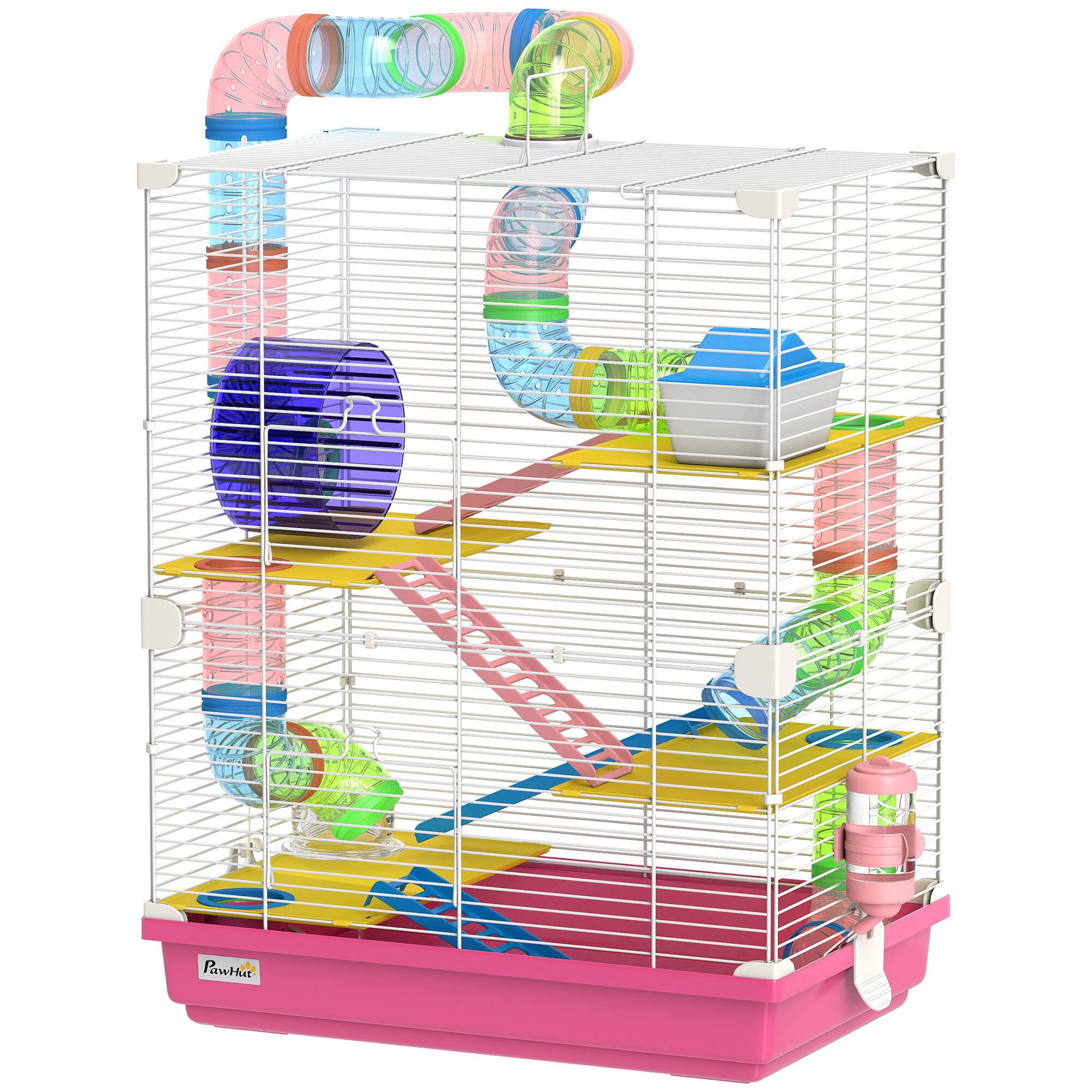 Front. Pawhut - Tiers Hamster Cage Portable Animal Travel Carrier w/ Exercise Wheels Tube - Pink.