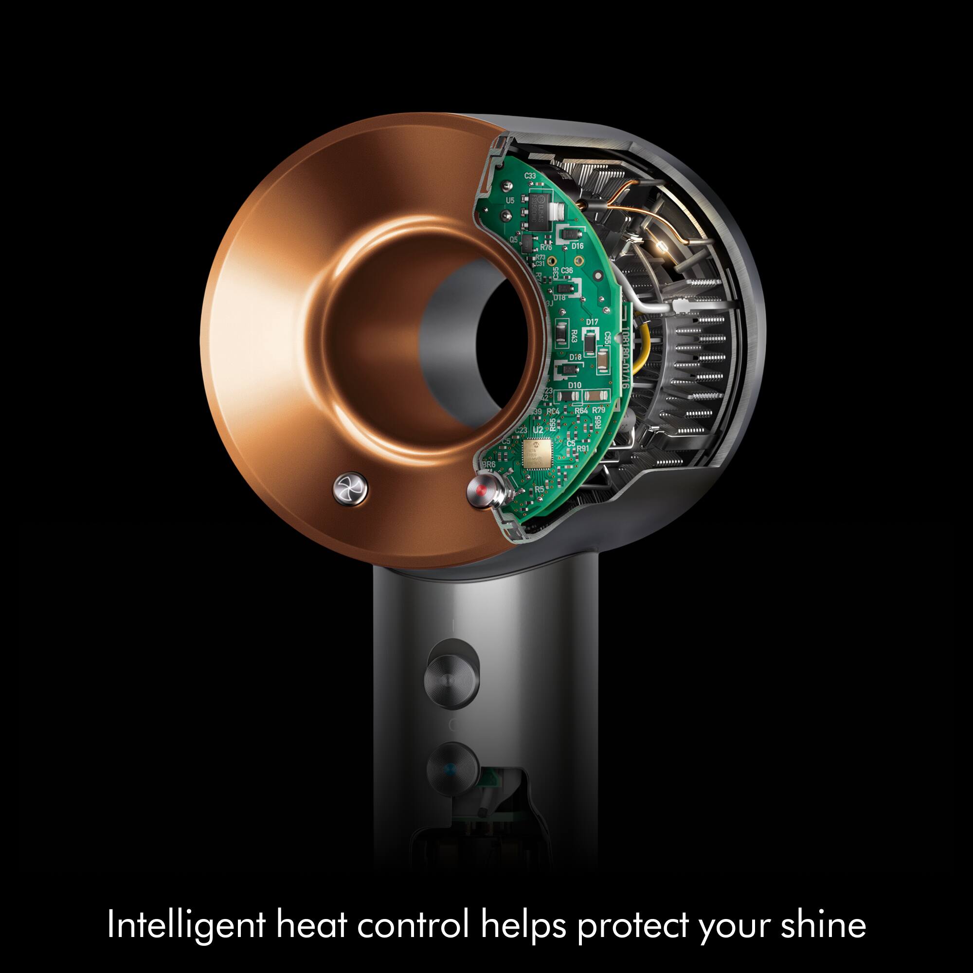 The text in the image is: "Intelligent heat control helps protect your shine."