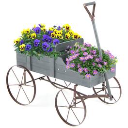 Gymax - Patiojoy Wooden Garden Flower Planter Wagon Plant Bed W/ Wheel Garden Yard - Gray