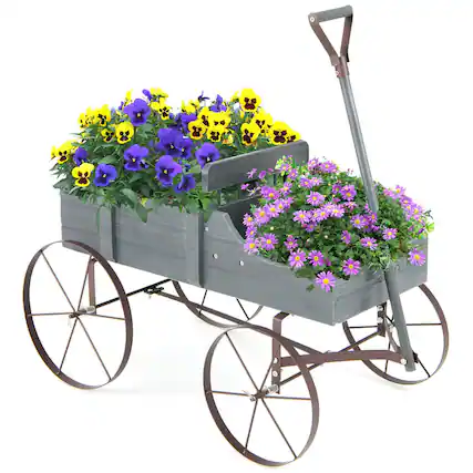 Front. Gymax - Gymax Patiojoy Wooden Garden Flower Planter Wagon Plant Bed W/ Wheel Garden Yard Gray - Gray.