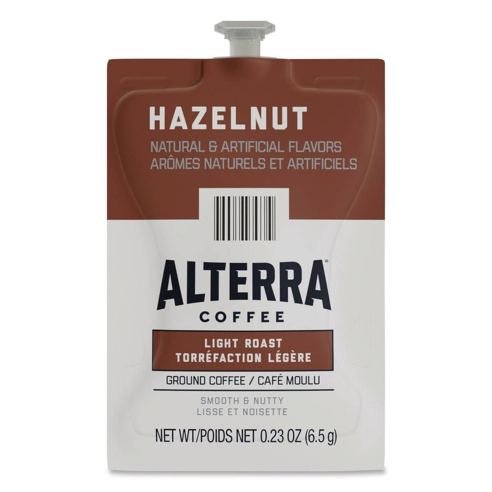 HAZELNUT NATURAL & ARTIFICIAL FLAVORS  
ARÔMES NATURELS ET ARTIFICIELS  

ALTERRA COFFEE  
LIGHT ROAST  
TORRÉFACTION LÉGÈRE  

GROUND COFFEE / CAFÉ MOULU  
SMOOTH & NUTTY  
LISSE ET NOISETTE  

NET WT/POIDS NET 0.23 OZ (6.5 g)