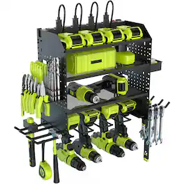 Fabibe - Heavy Duty Power Tool Organizer Wall Mount With Charging Station 4 Layer Garage Storage Adjustable Shelves Height Hol - Black