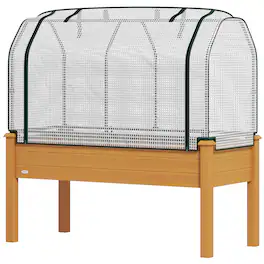 Outsunny - Raised Garden Bed with PE Greenhouse Cover Outdoor Elevated Wood Planter Box for Herbs and Vegetables