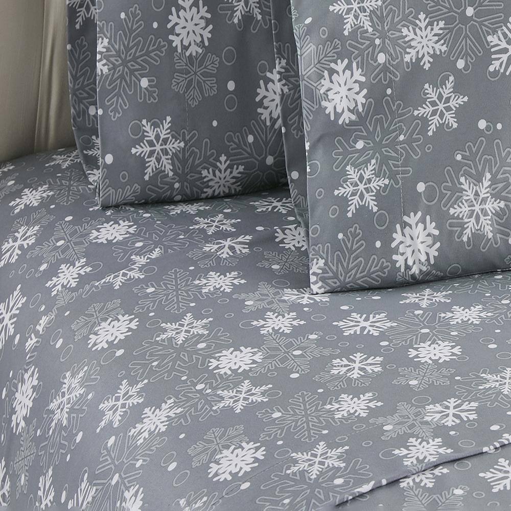Alt View 1. Shavel Home Products - Micro Flannel Printed Deep-Pocket Sheet Set, California King, Snowflakes Gray - Snowflakes gray.
