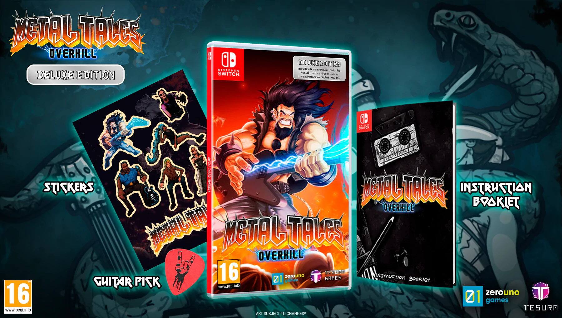 Metal Tales Overkill Deluxe Edition for Nintendo Switch. This edition includes stickers, a guitar pick, and an instruction booklet. The game is rated 16 by PEGI.