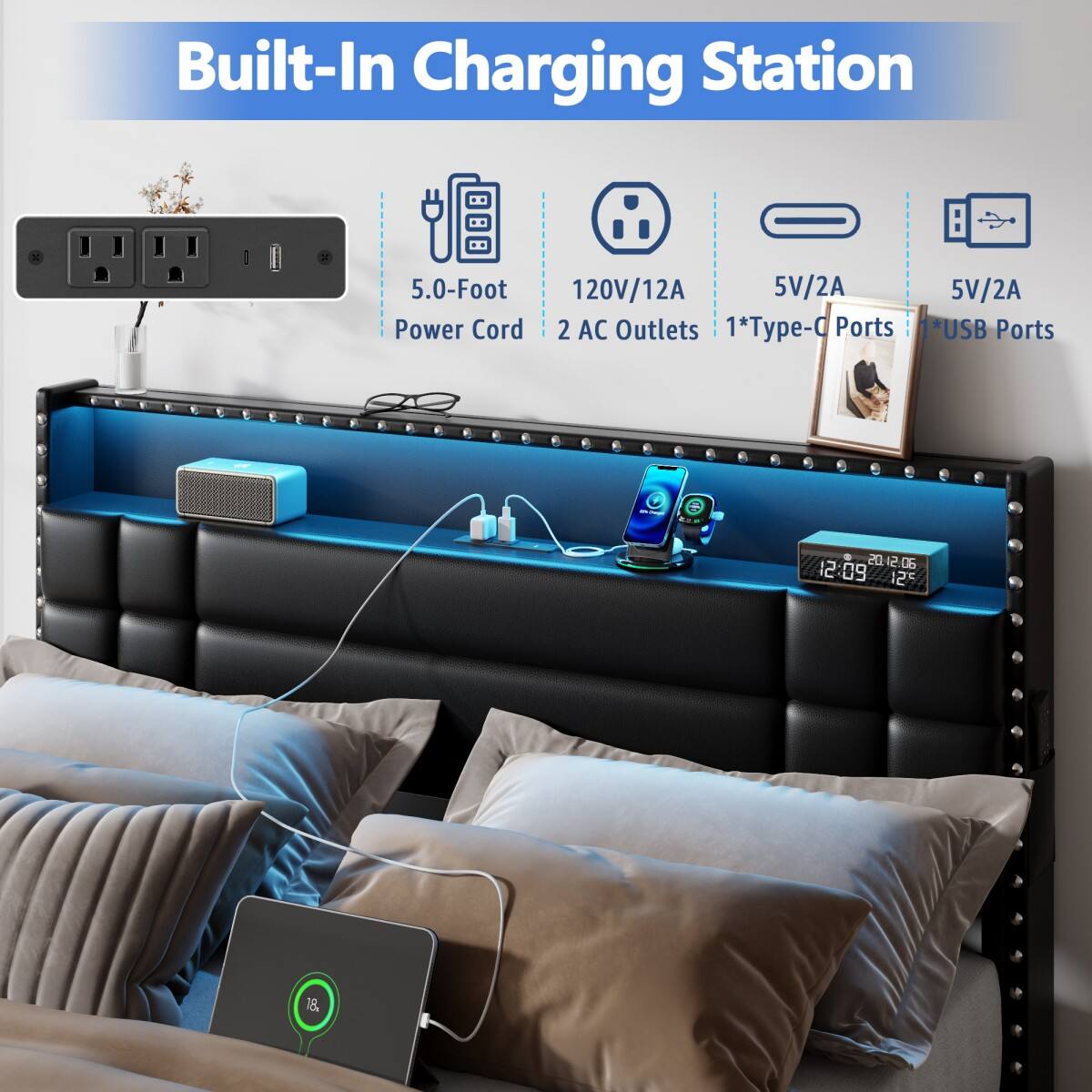 Built-In Charging Station

5.0-Foot 120V/12A 5V/2A Power Cord
2 AC Outlets
1*Type-C Ports
5V/2A *USB Ports

12:09 20.12.06 125