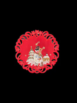 Jiallo - Snow Man Embroidered Cutwork Round Placemat, 8-Inch diameter Table Linen - Red