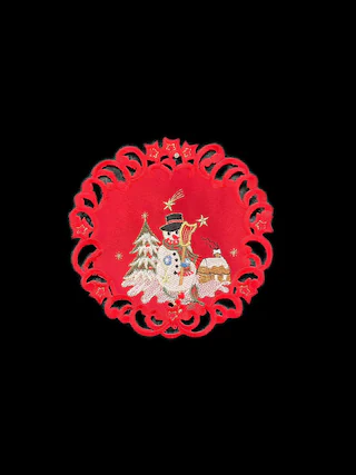 Front. Jiallo - Snow Man Embroidered Cutwork Round Placemat, 8-Inch diameter Table Linen - Red.