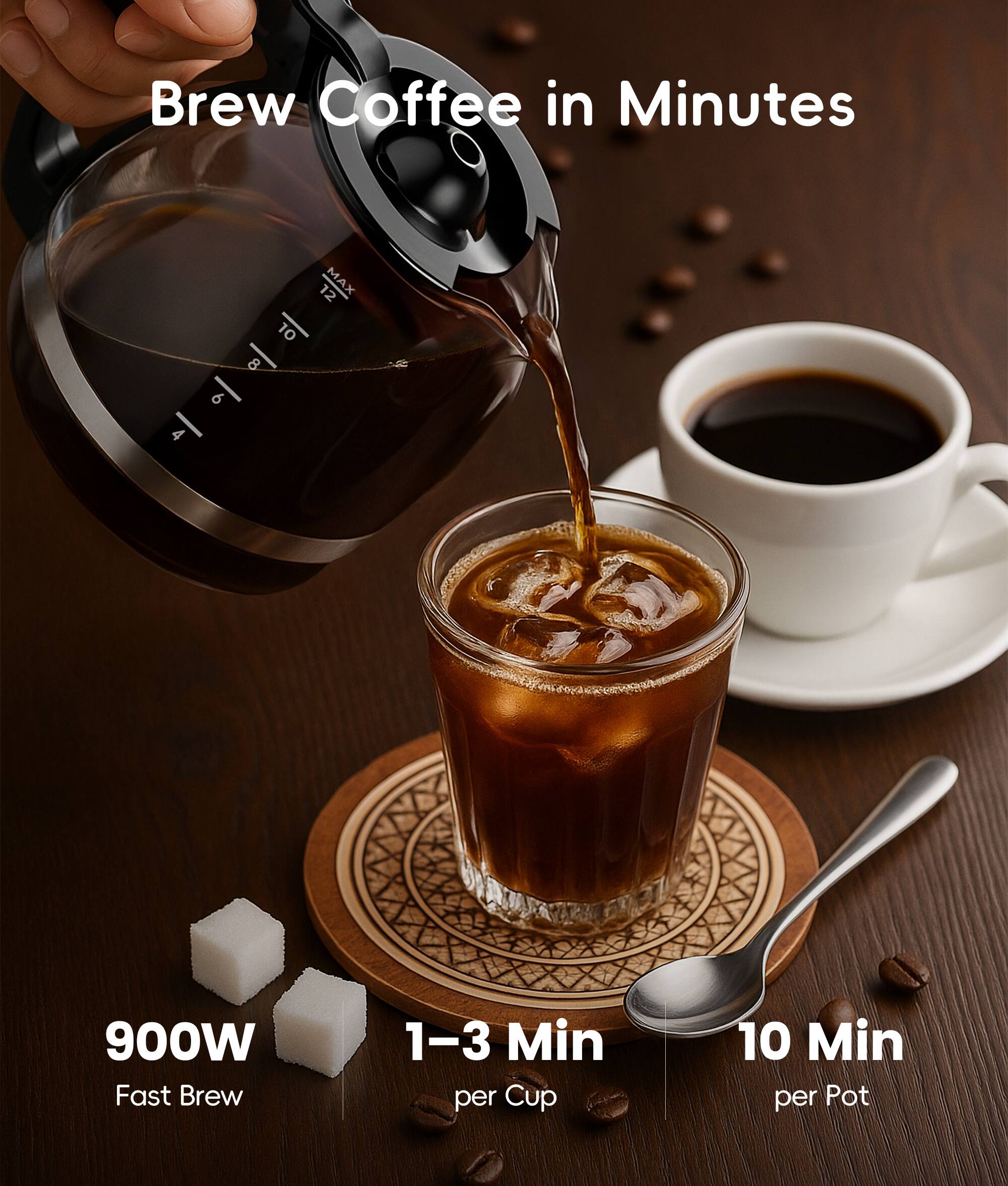 Brew Coffee in Minutes

900W Fast Brew

1-3 Min per Cup

10 Min per Pot