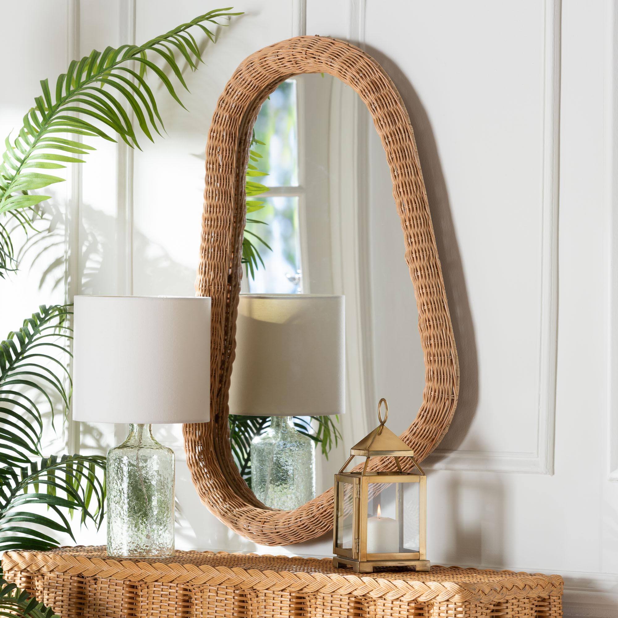 Left. bali & pari - Ulrica Natural Rattan Wall Mirror – Handwoven Wicker Irregular Shape Accent Mirror for Living Room, Bedroom, or Entryway - Honey.