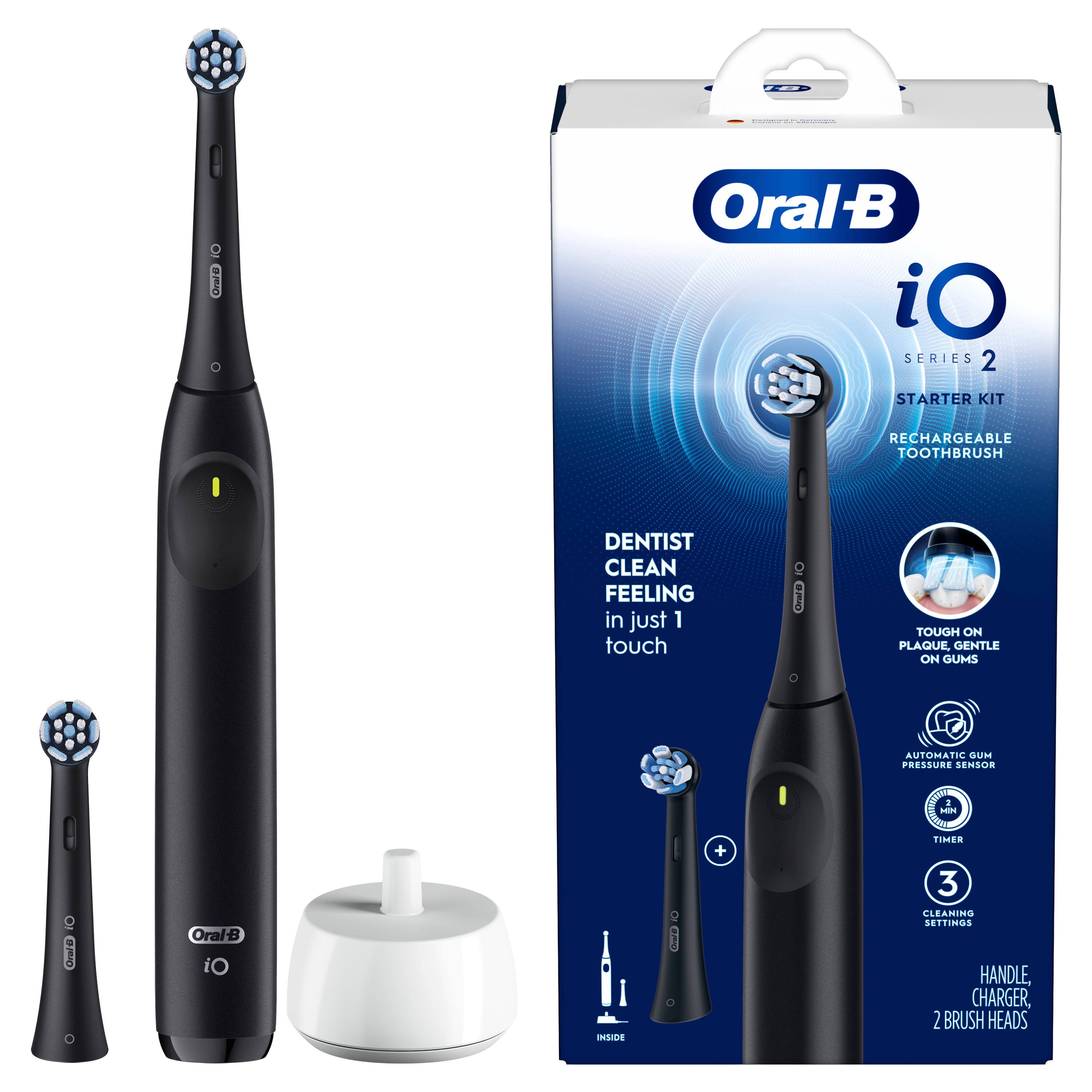 Oral B iO Series 2 Starter Kit Rechargeable Toothbrush Dentist Clean Feeling in just 1 touch Grars Tough on Plaque Gentle on Gums Automatic Sum Pressure Brush Heads - HIM i Oral-B iO 2SE: i + Timea 3 Cleaning Settings Handle, Charger, 2 Brush Heads
