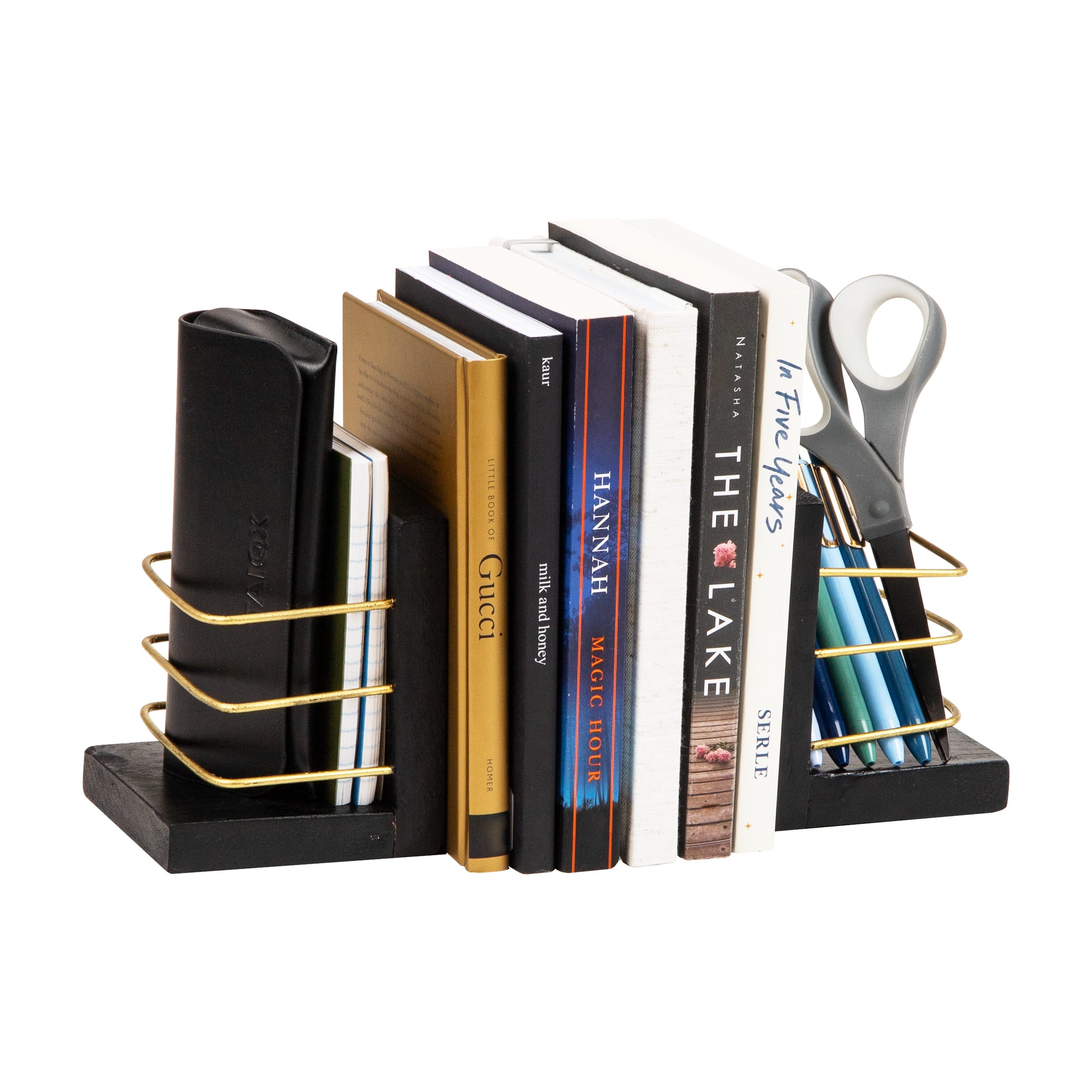 Mind Reader - Decorative Basket Bookends, Office Decor with Storage, Wood and Metal, Set of 2 and Gold - Black
