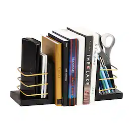 Mind Reader - Decorative Basket Bookends, Office Decor with Storage, Wood and Metal, Set of 2 and Gold - Black