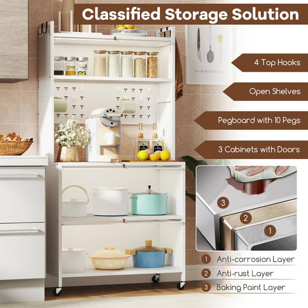 Classified Storage Solution  
4 Top Hooks  
Open Shelves  
Pegboard with 10 Pegs  
3 Cabinets with Doors  

1. Anti-corrosion Layer  
2. Anti-rust Layer  
3. Baking Paint Layer