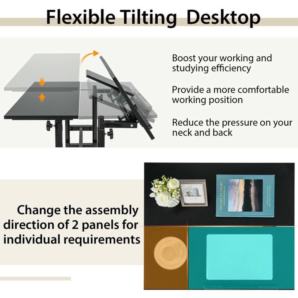 Flexible Tilting Desktop

Boost your working and studying efficiency  
Provide a more comfortable working position  
Reduce the pressure on your neck and back  

Change the assembly direction of 2 panels for individual requirements