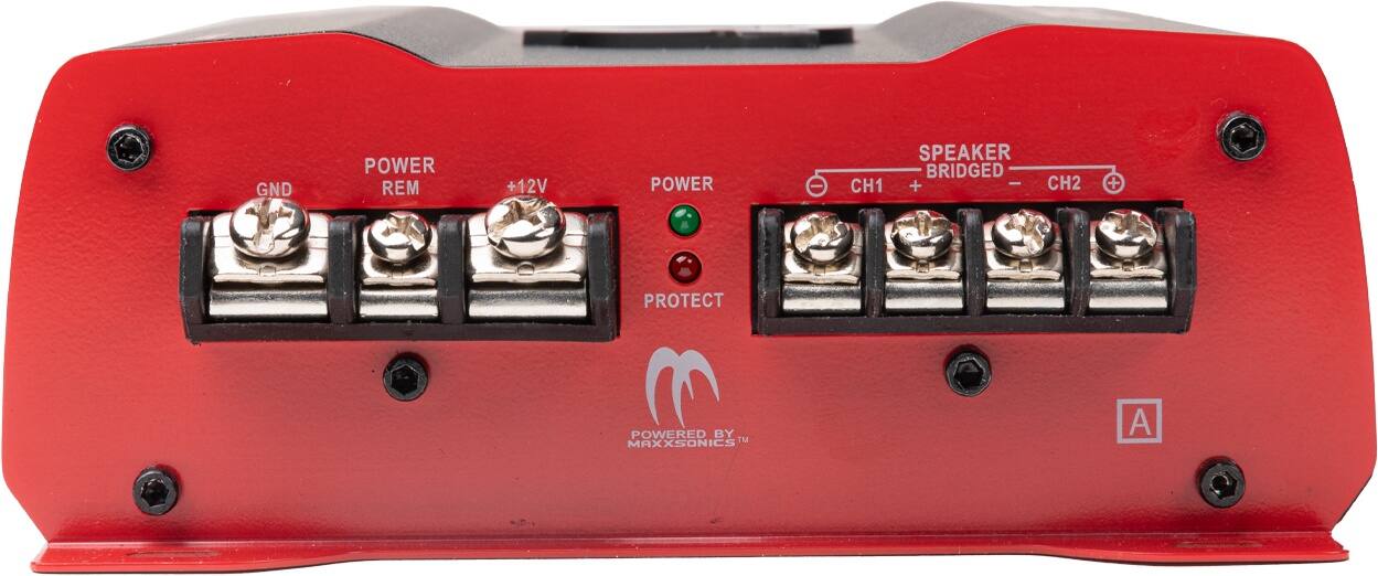 The text on the image reads: "GND POWER REM +12V POWER - SPEAKER BRIDGED CH1 + - CH2 + PROTECT POWER LED BY IM MAXXSONICS."