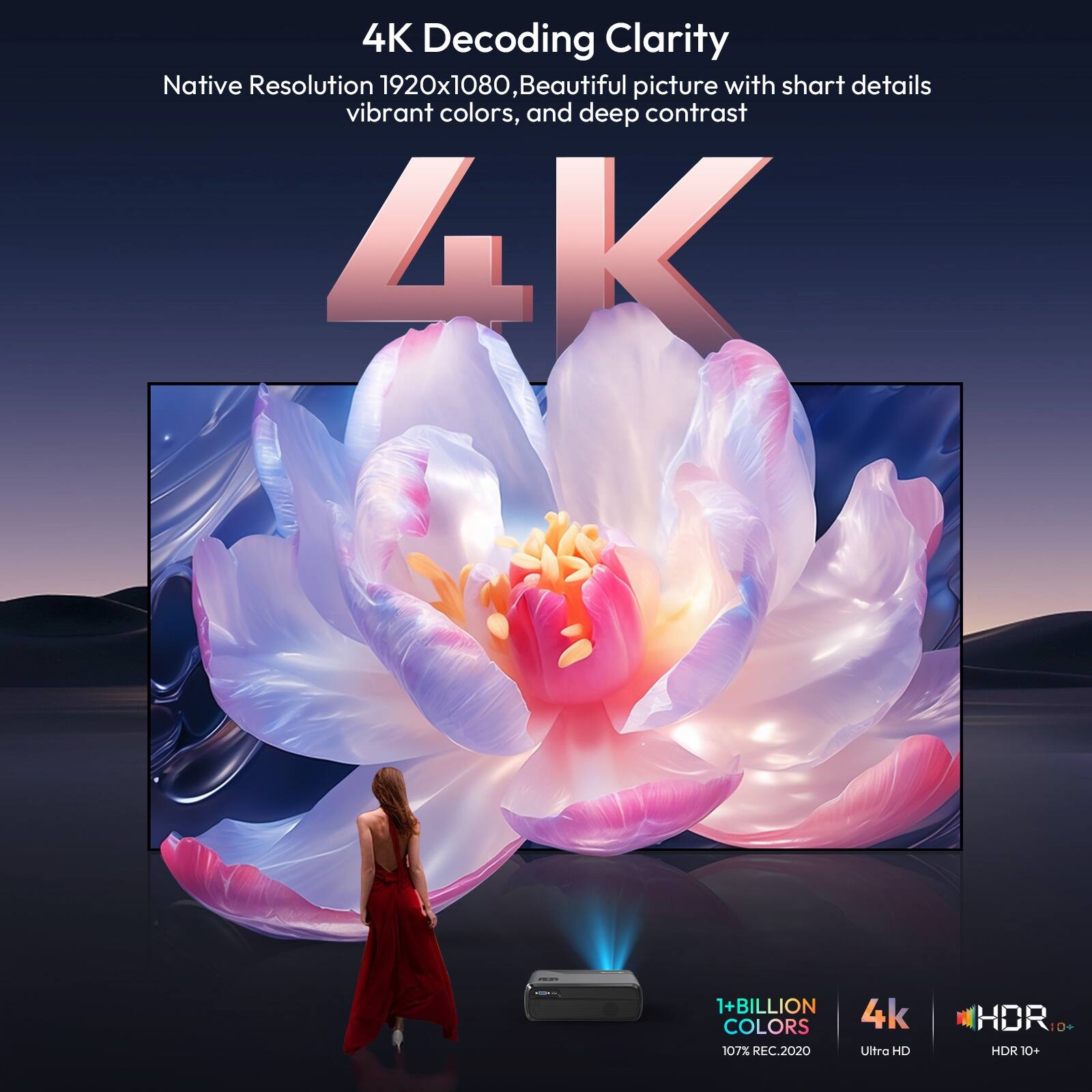4K Decoding Clarity  
Native Resolution 1920x1080, Beautiful picture with sharp details, vibrant colors, and deep contrast  

1+ BILLION 4K COLORS  
107% REC.2020  
Ultra HD  
HDR 10+