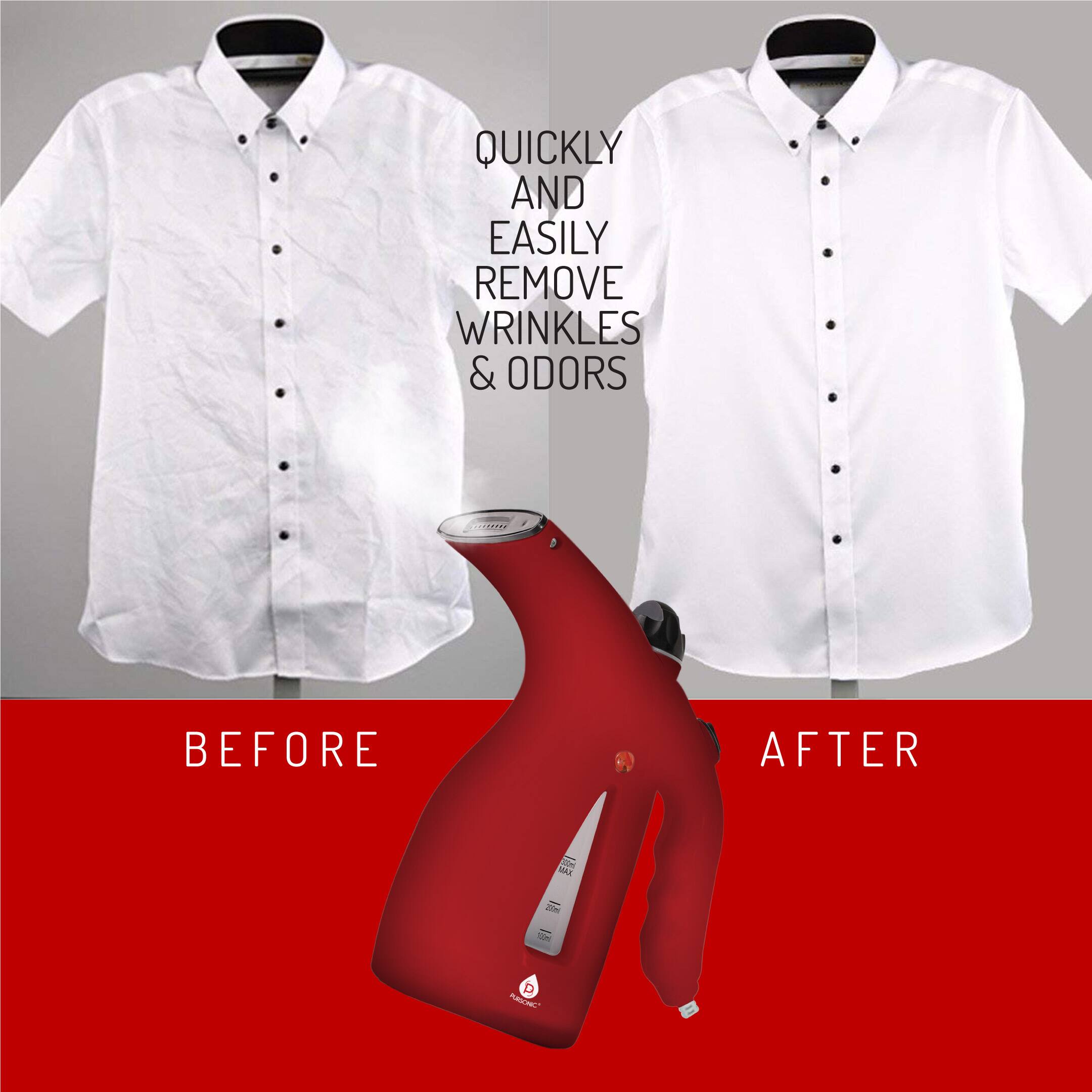 QUICKLY AND EASILY REMOVE WRINKLES & ODORS

BEFORE AFTER