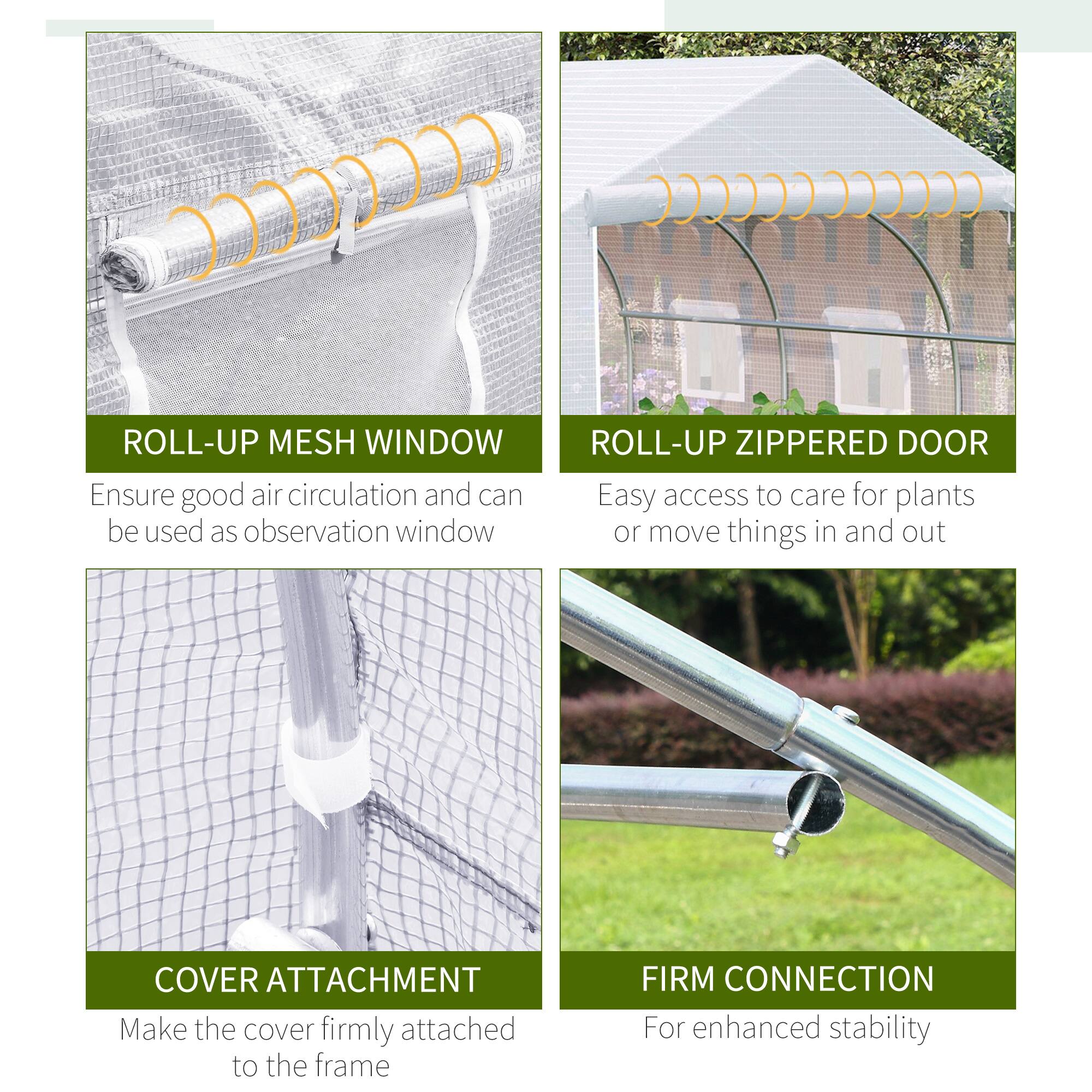 ROLL-UP MESH WINDOW: Ensure good air circulation and can be used as observation window

ROLL-UP ZIPPERED DOOR: Easy access to care for plants or move things in and out

COVER ATTACHMENT: Make the cover firmly attached to the frame

FIRM CONNECTION: For enhanced stability