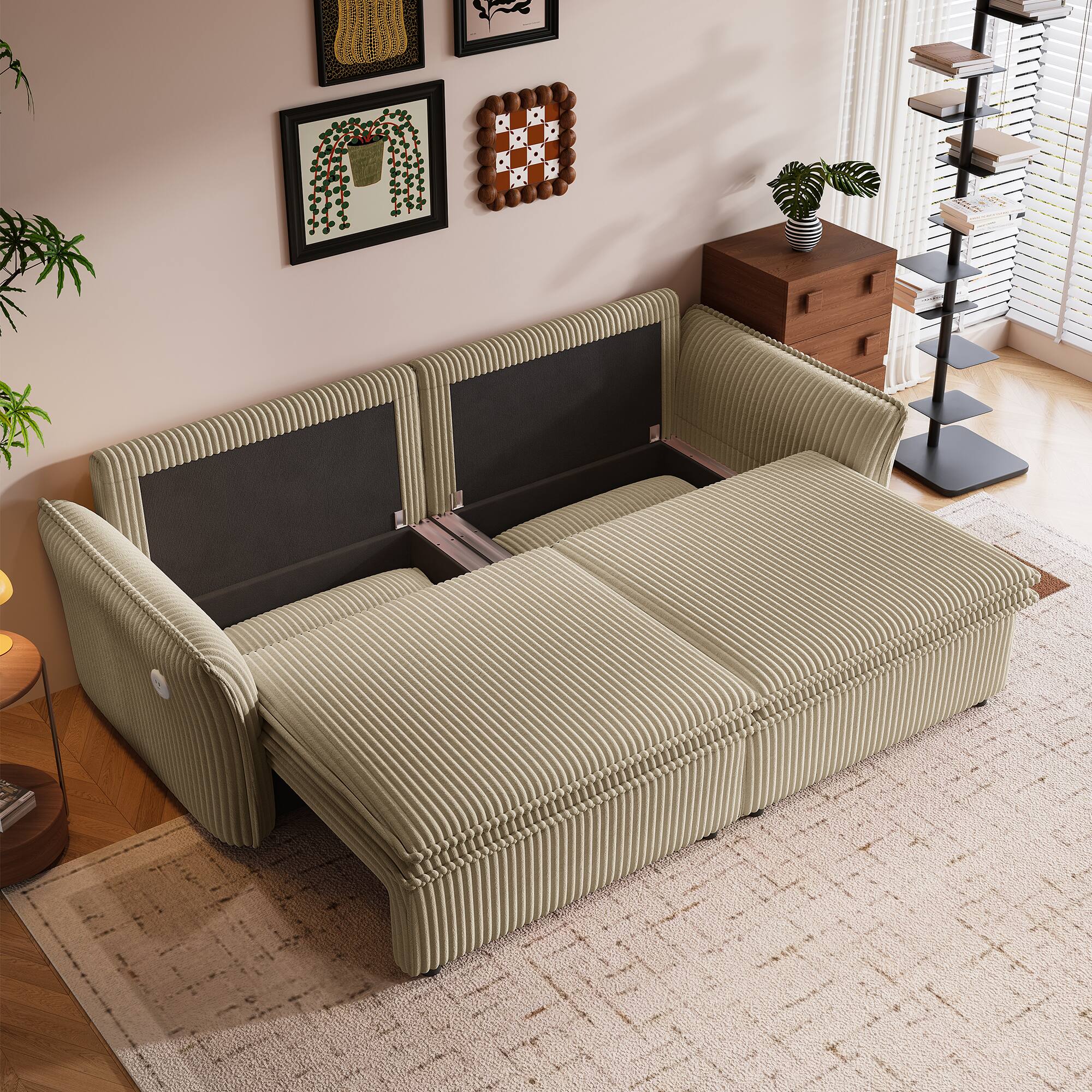 Alt View 4. LUCKY ONE - 85" 2-in-1 Convertible Sleeper Sofa Bed with Storage Ottoman, Hidden Storage, USB Charging Ports, 2 Pillows - Camel.