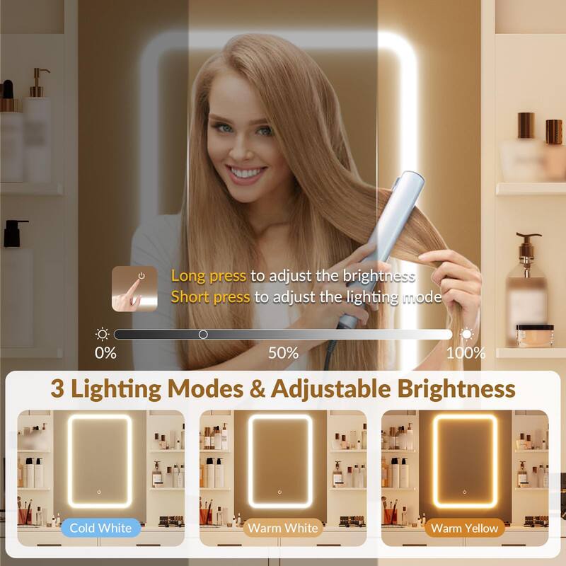 Long press to adjust the brightness  
Short press to adjust the lighting mode  

0% 50% 100%  

3 Lighting Modes & Adjustable Brightness  
Cold White  
Warm White  
Warm Yellow