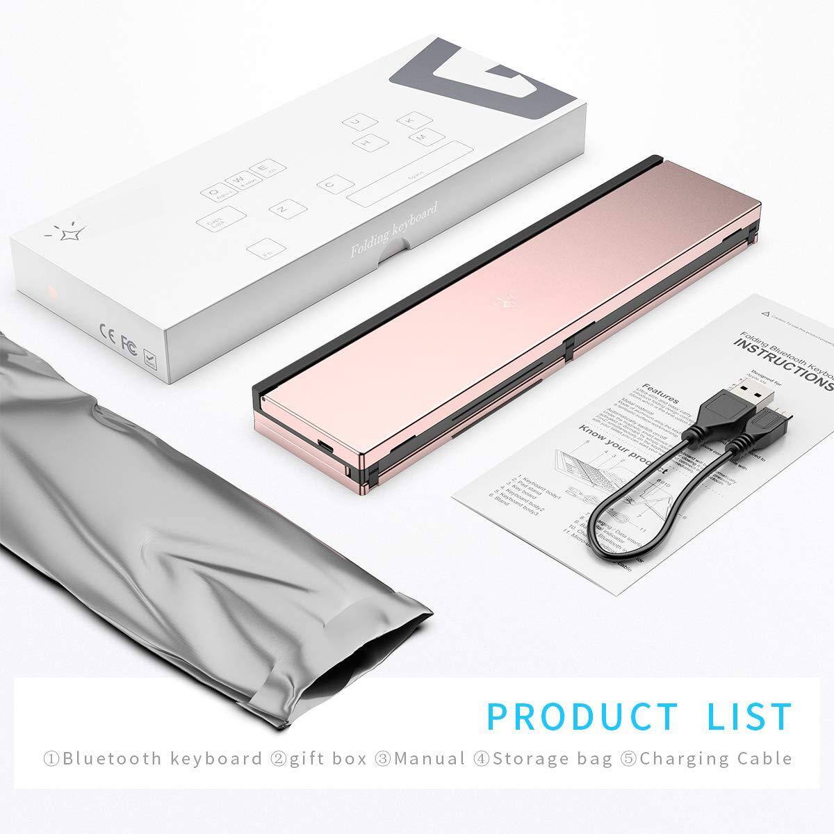 Sure, here is the corrected and grouped text from the image:

---

**PRODUCT LIST**

1. Bluetooth keyboard
2. Gift box
3. Manual
4. Storage bag
5. Charging Cable

**Features**

- Folding keyboard
- Bluetooth keyboard

**Instructions**

- Know your product
- Folding keyboard

**CE FC**

---

This text is organized to reflect the contents and features of the product as shown in the image.