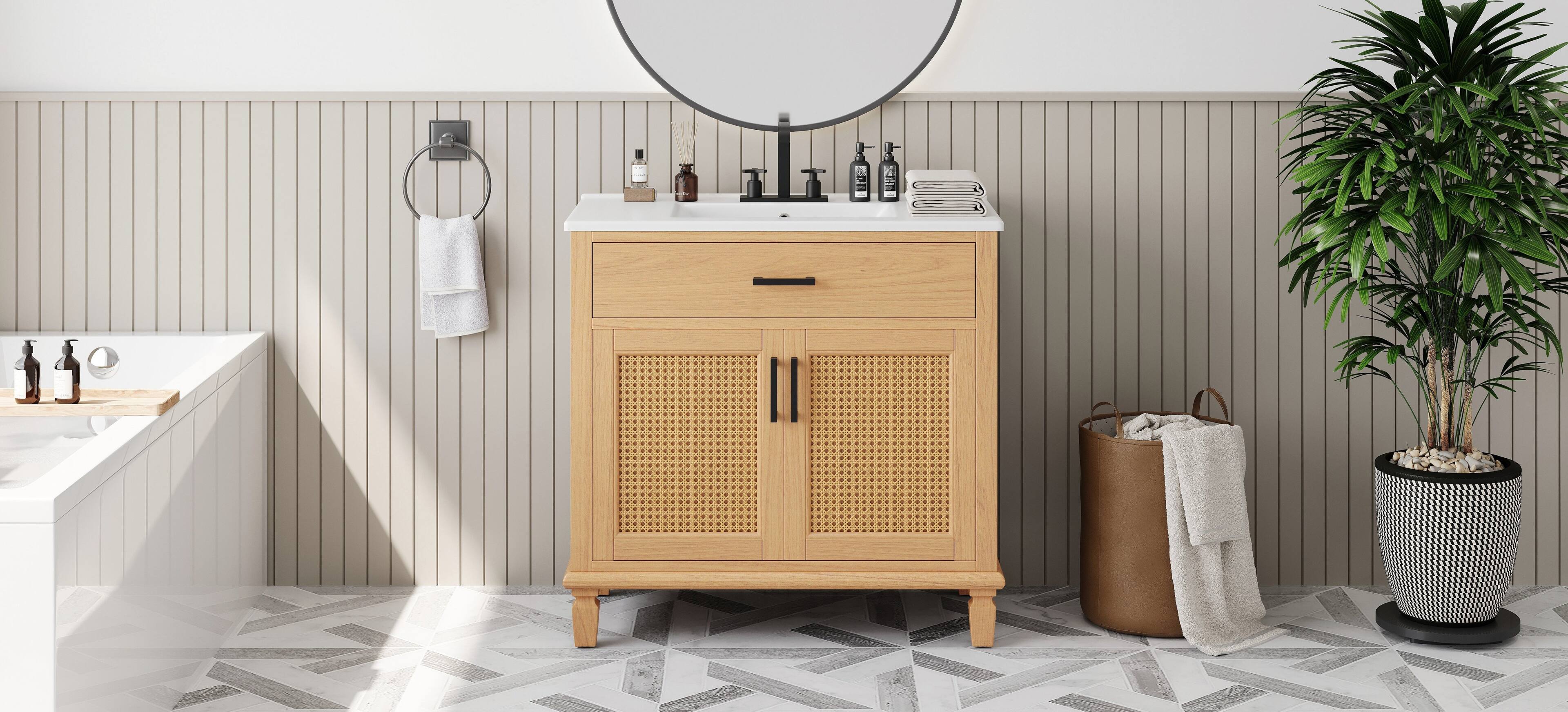 Alt View 6. Boyel Living - 36 Inch Rattan Bathroom Vanity with Ceramic Sink Soft Close Doors and Drawers Solid Wood Legs - Natural.