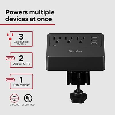 Powers multiple devices at once

- 3 AC GROUNDED OUTLETS
- 2 USB-A PORTS
- 1 USB-C PORT
- 5ft (1.5m) SFT CORD
- UL CERTIFIED