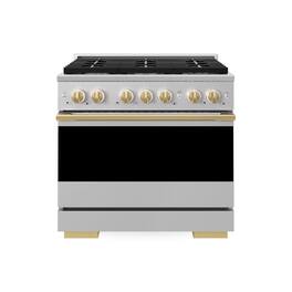 ZLINE - Autograph 36 in. 5.2 cu. ft. Marino Freestanding Gas Range with 6 Burners and Manual Clean Oven with Gold Accents - Stainless Steel
