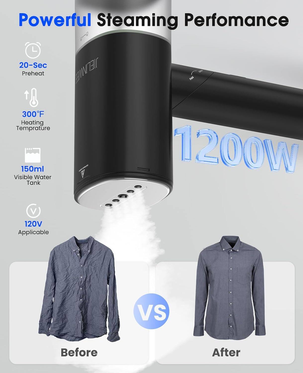 Powerful Steaming Performance  
20-Sec Preheat  
300°F Heating Temperature  
150ml Visible Water Tank  
1200W  
120V Applicable  
Before vs After
