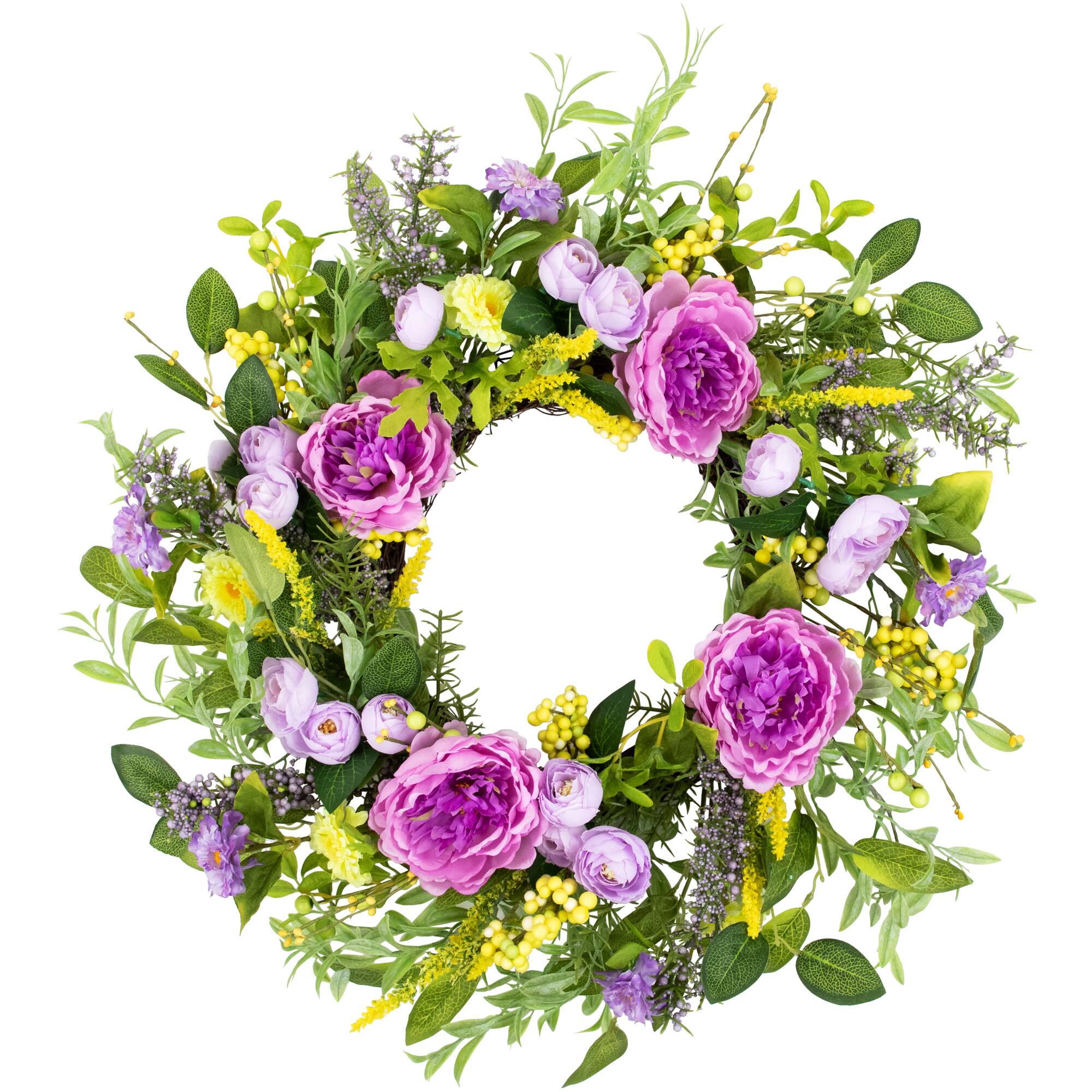 Alt View 2. Northlight - Peony Mixed Floral Springtime Wreath - 24" - Purple and Yellow - Purple.