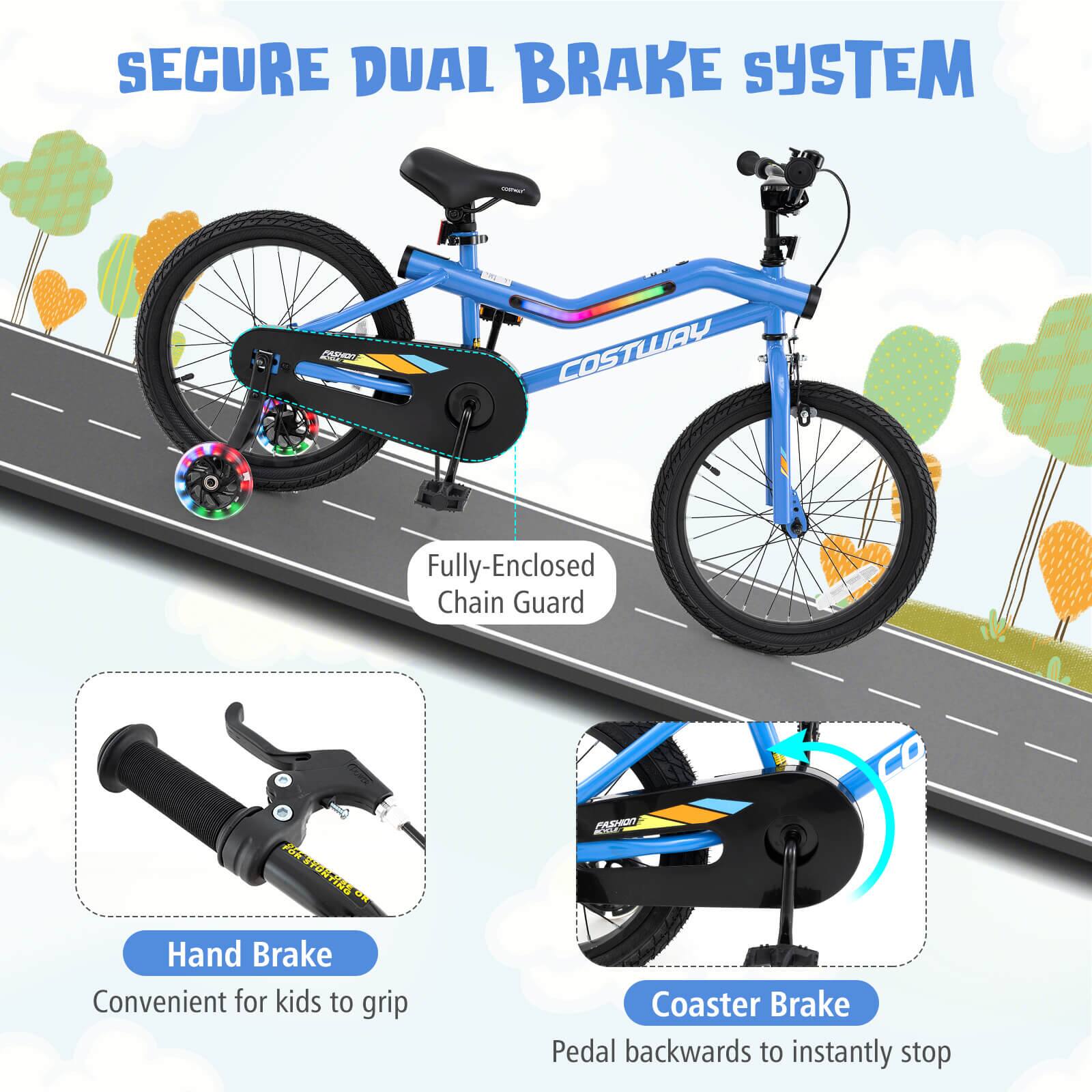 Sure, here is the corrected and grouped text from the image:

---

**SECURE DUAL BRAKE SYSTEM**

- **Fully-Enclosed Chain Guard**
- **Hand Brake**
  - Convenient for kids to grip
- **Coaster Brake**
  - Pedal backwards to instantly stop

---

This text highlights the features of the bike's dual brake system, including the fully-enclosed chain guard, hand brake, and coaster brake.
