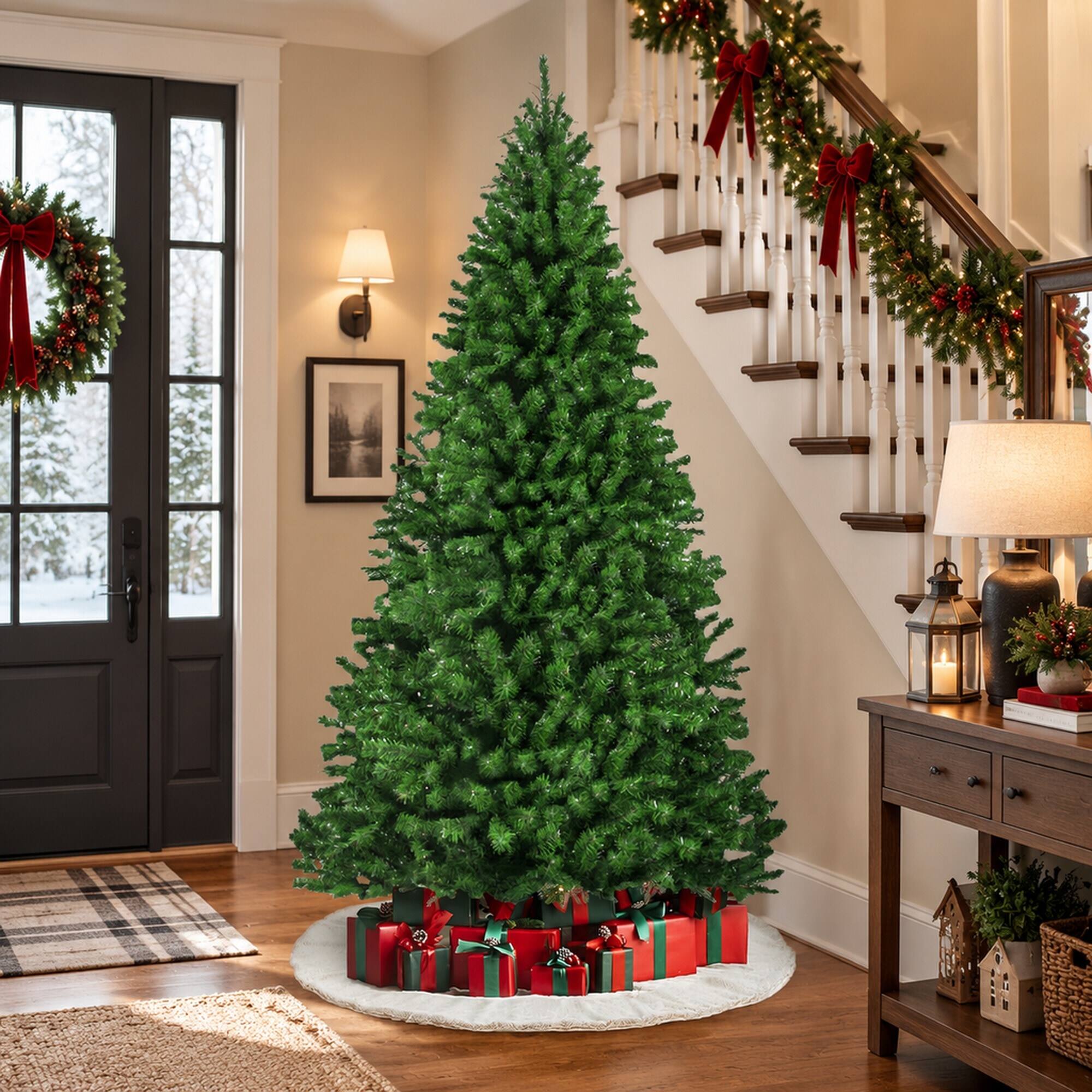 Back. RYHNUYNE - 12FT Unlit Artificial Christmas Tree With Dense Realistic Spruce Branches and Metal Base, Green - Green.