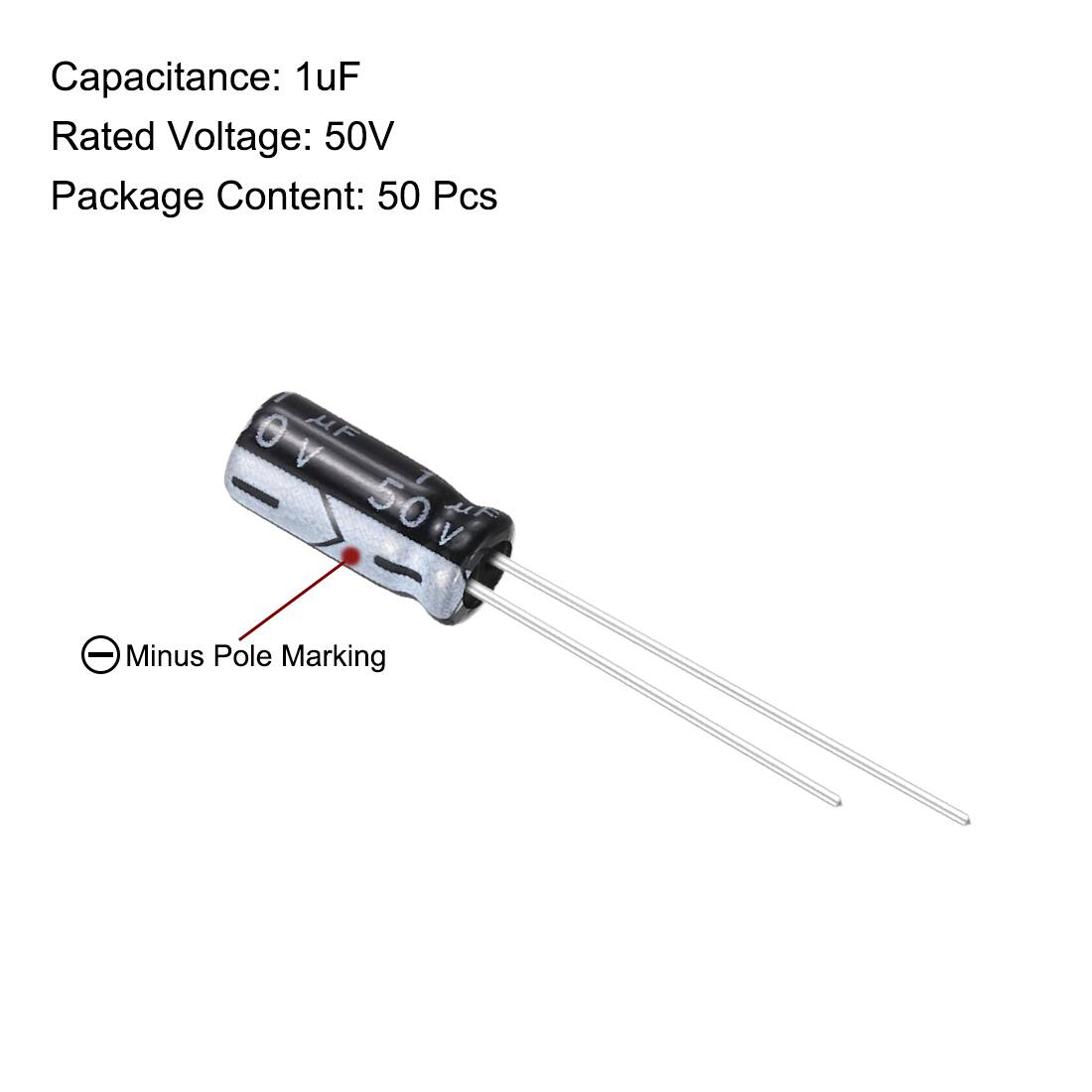 Capacitance: 1uF  
Rated Voltage: 50V  
Package Content: 50 Pcs  

Minus Pole Marking