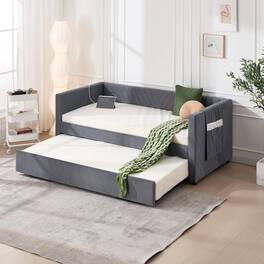 Trinkets Crazed - Twin Daybed with Pop Up Trundle, Velvet Upholstered Extendable Daybed with USB Ports & Pockets - Gray